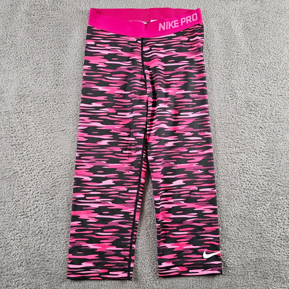 Nike Pro Dri-FIT Womens Pink Black Camo Cropped Leggings Size Small 589366-639